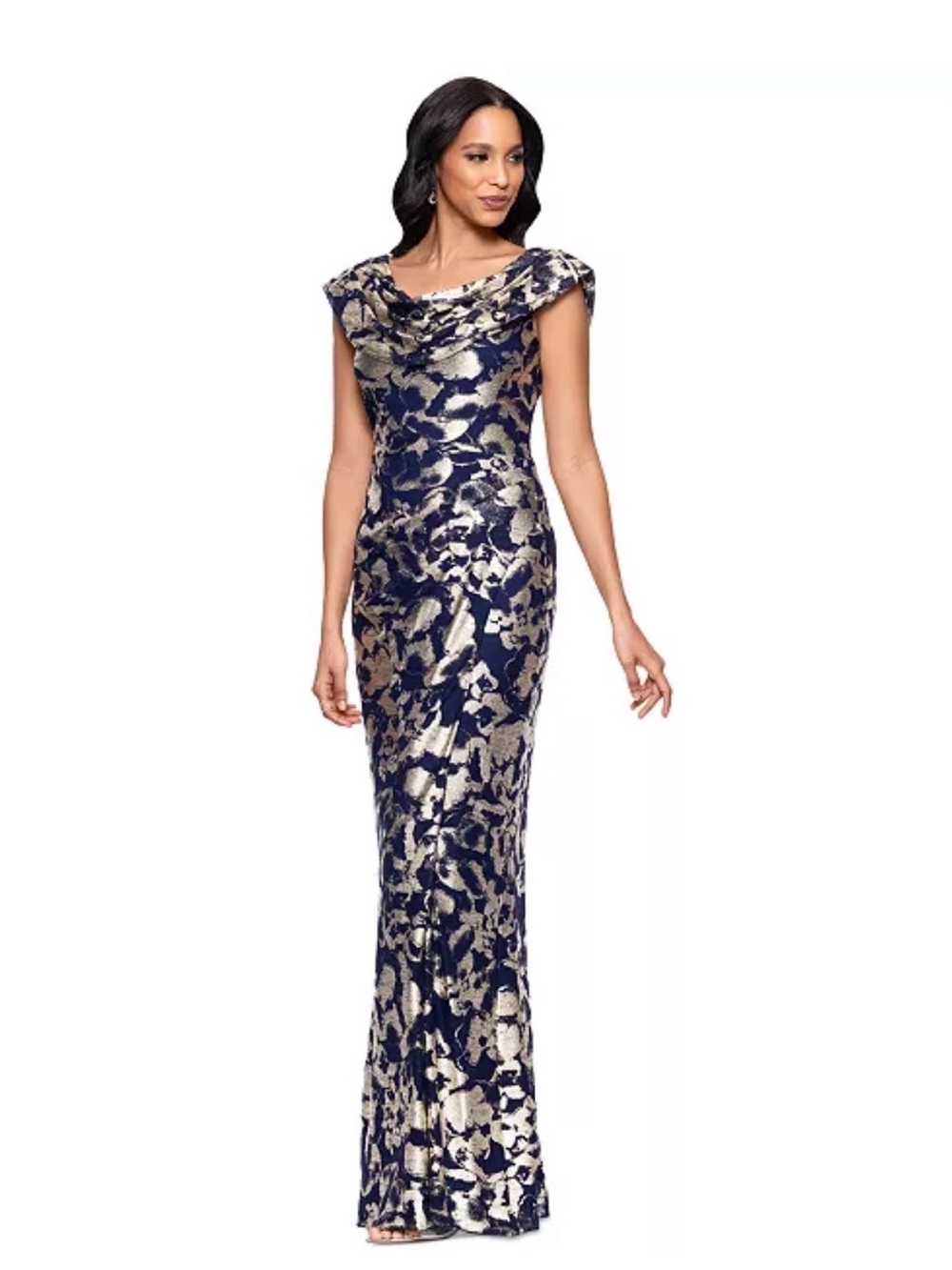 NWT Betsy & Adam Navy/Gold Floral/Foil Powermesh Full length Sheath Dress MOB